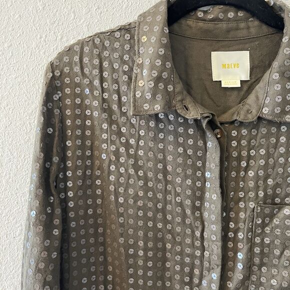 Maeve Anthropologie Blouse Size Med Sequined Olive Green Buttoned Shirt Chic - Picture 4 of 14